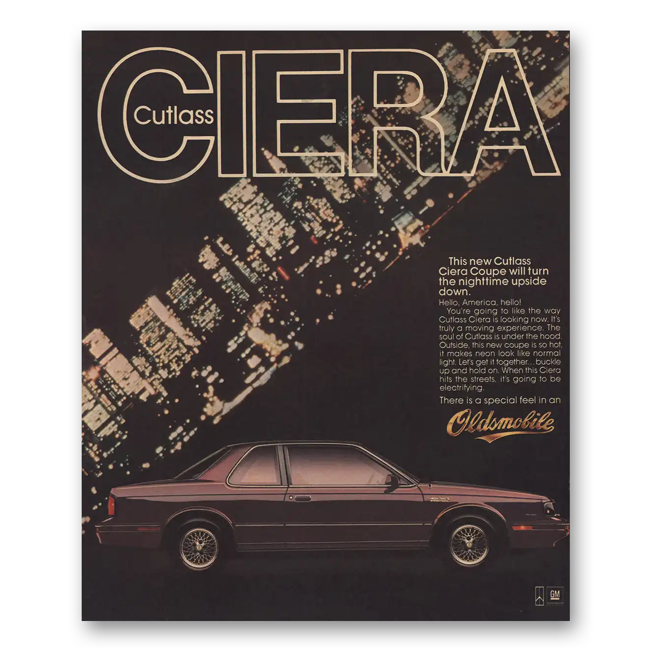 1986 Oldsmobile Cutlass Ciera Turn the Nighttime Upside Down Vintage Magazine Print Ad