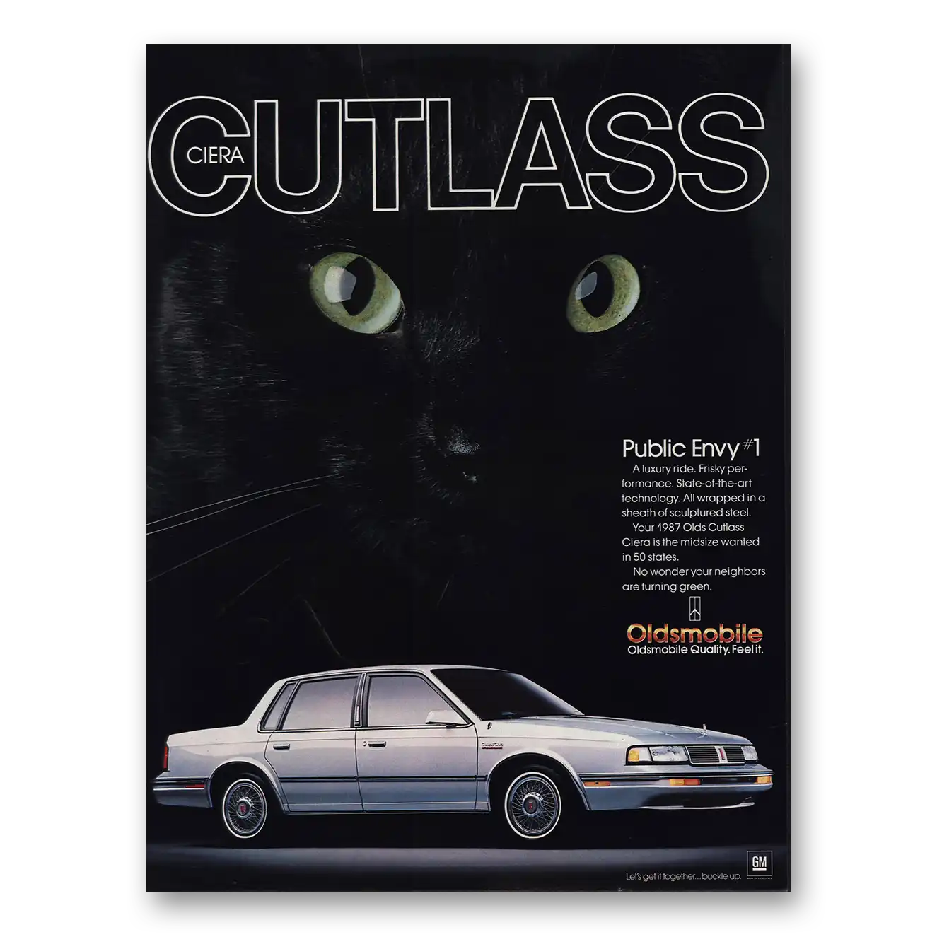 1986 Oldsmobile Cutlass Ciera Public Envy Black Cat Vintage Magazine Print Ad