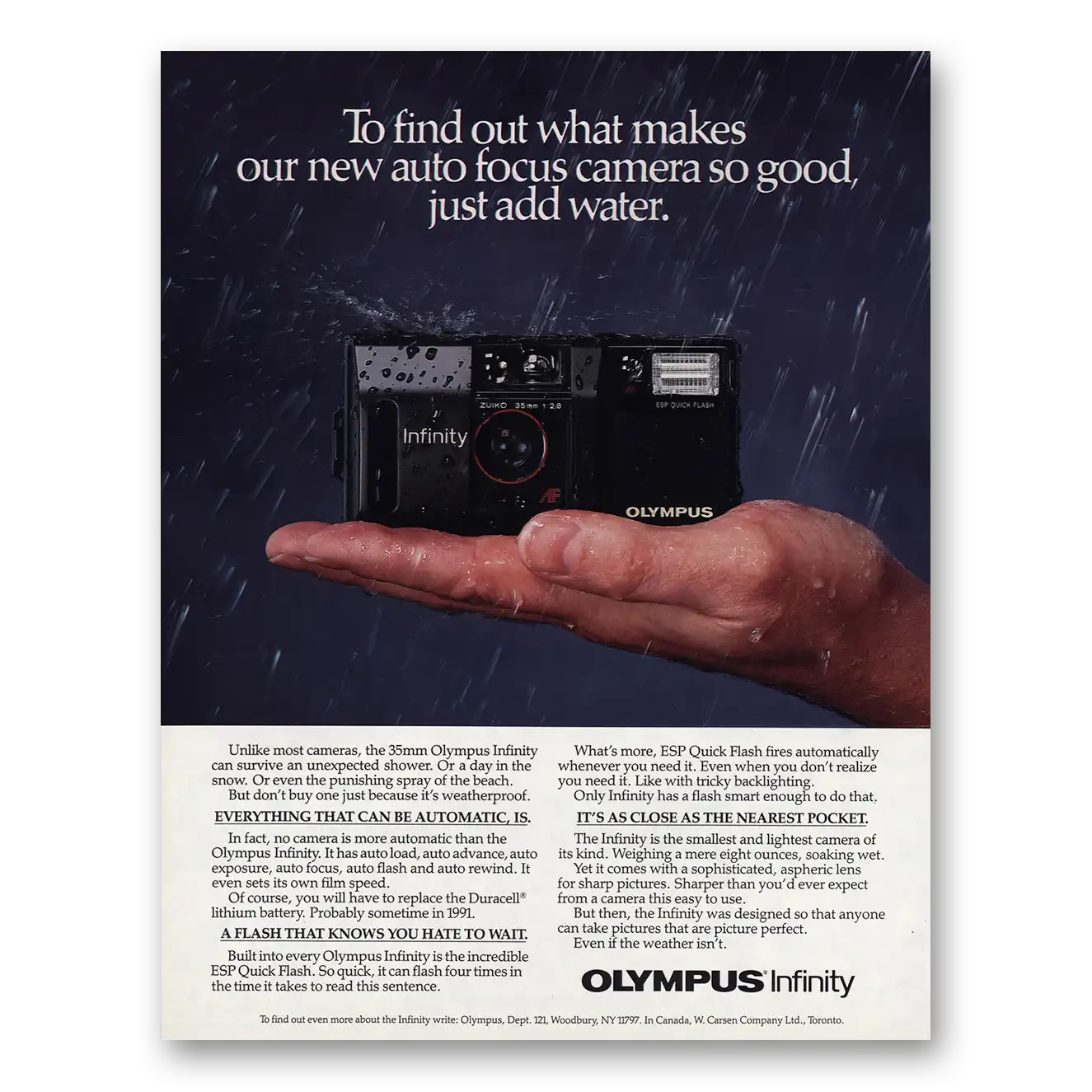 1986 Olympus Camera Infinity Camera Just Add Water Vintage Magazine Print Ad