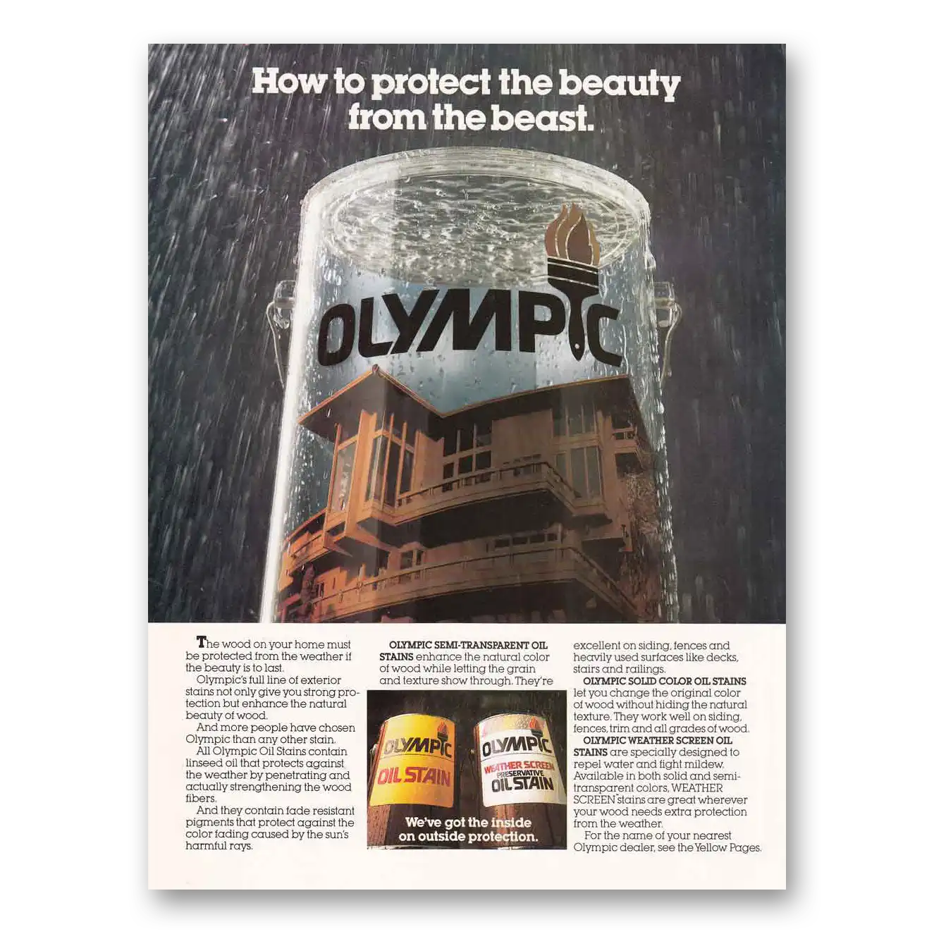 1986 Olympic Stain Protect the Beauty From the Beast Vintage Magazine Print Ad