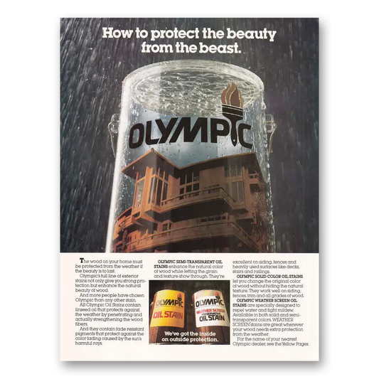 1986 Olympic Stain Protect the Beauty From the Beast Vintage Magazine Print Ad