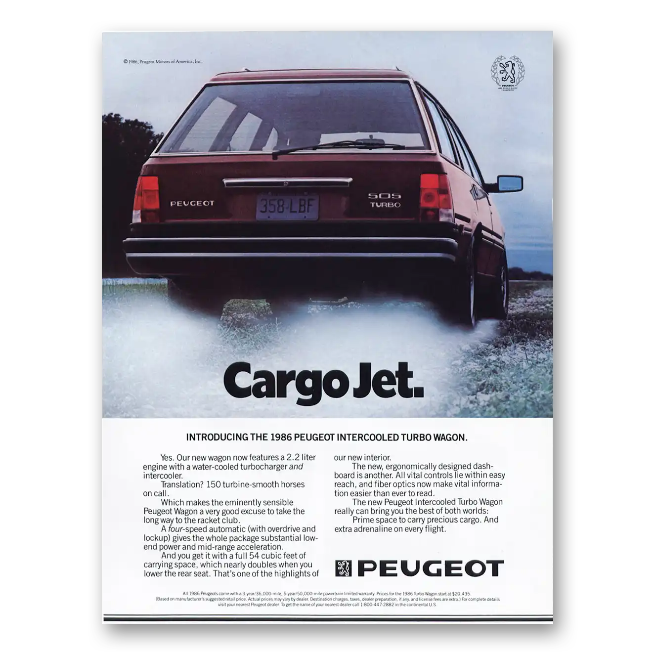 1986 Peugeot Turbo Wagon Cargo Jet Vintage Magazine Print Ad