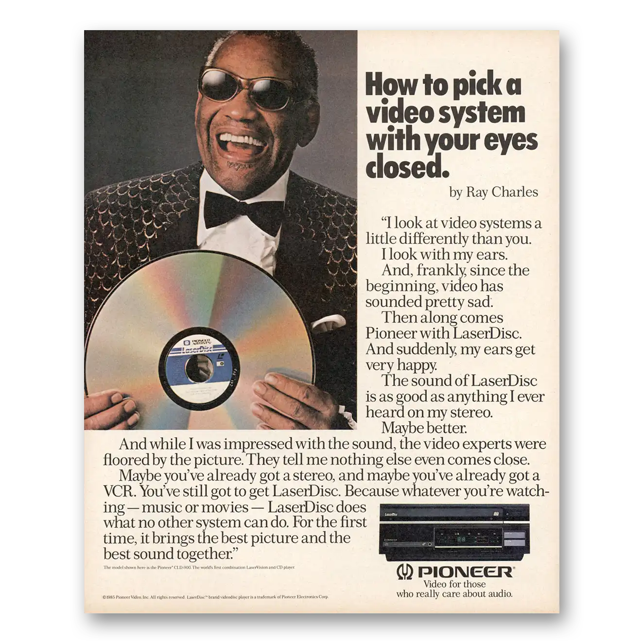 1986 Pioneer LaserDisc Video System Ray Charles Vintage Magazine Print Ad