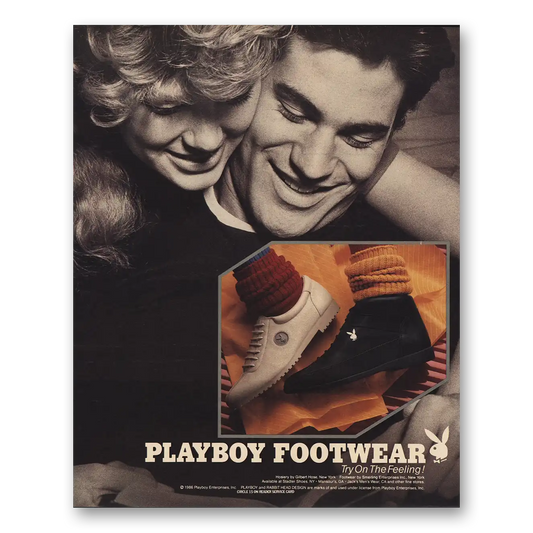 1986 Playboy Footwear Try On the Feeling Vintage Magazine Print Ad