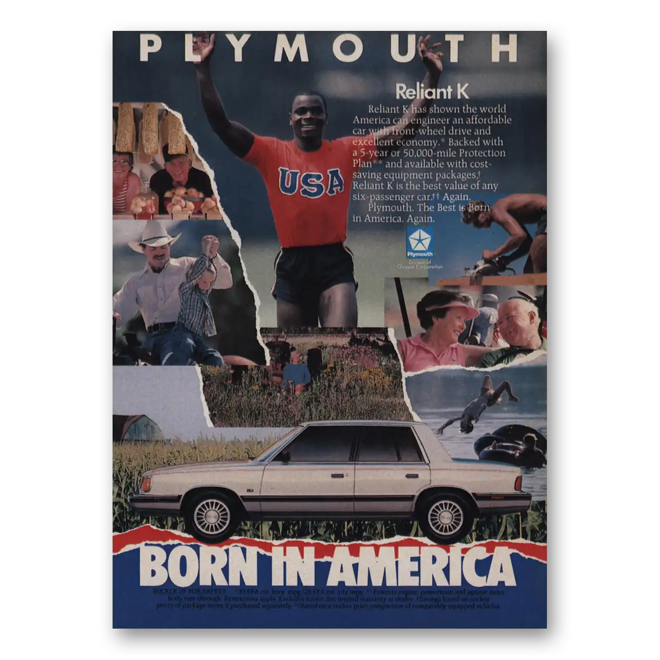 1986 Plymouth Reliant K Born In America Vintage Magazine Print Ad