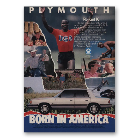 1986 Plymouth Reliant K Born In America Vintage Magazine Print Ad