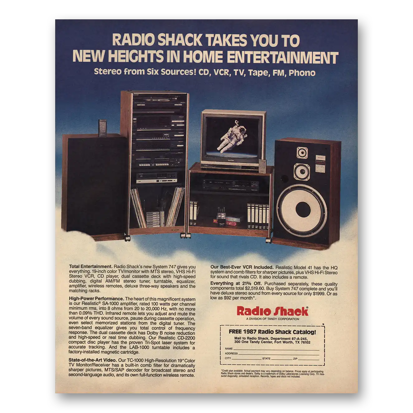 1986 Radio Shack New Heights Home Entertainment Vintage Magazine Print Ad