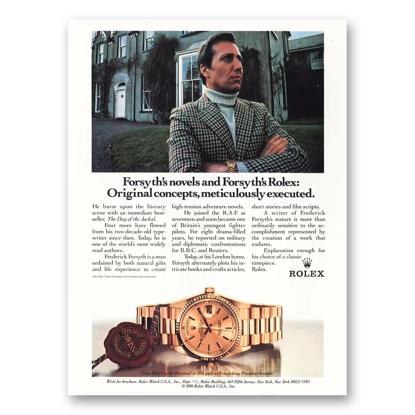 1986 Rolex Forsyths Novels Original Concepts Vintage Magazine Print Ad