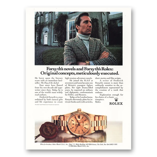 1986 Rolex Forsyths Novels Original Concepts Vintage Magazine Print Ad