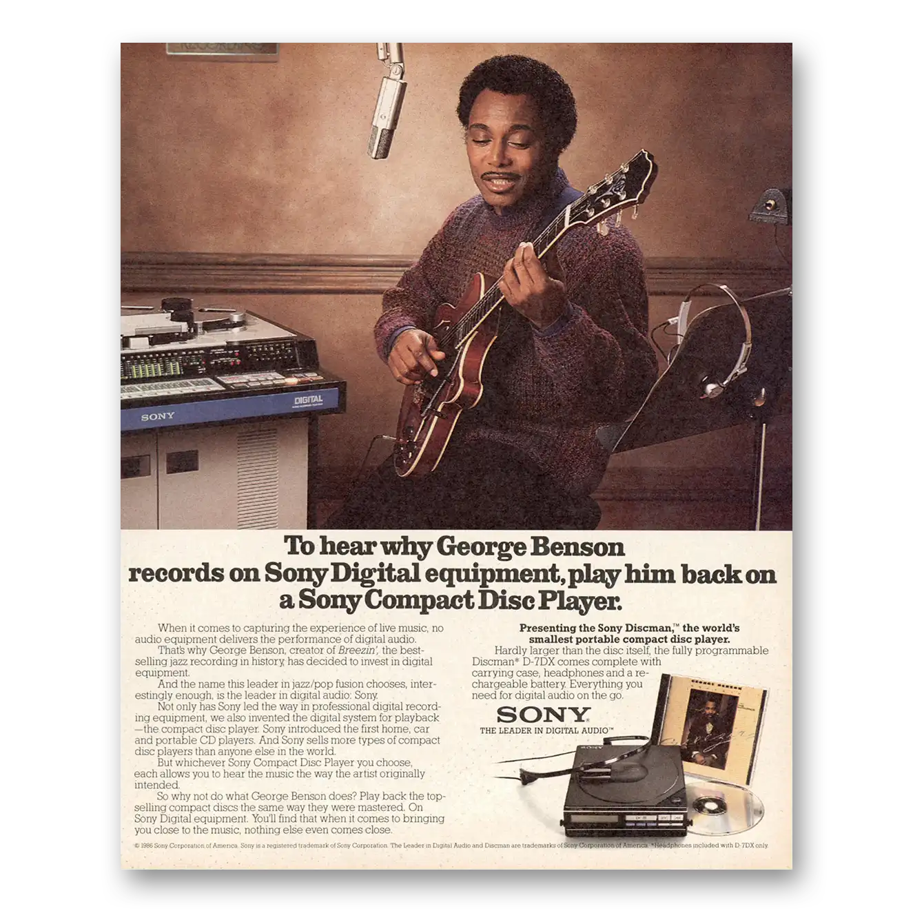 1986 Sony Compact Disc Player George Benson Vintage Magazine Print Ad