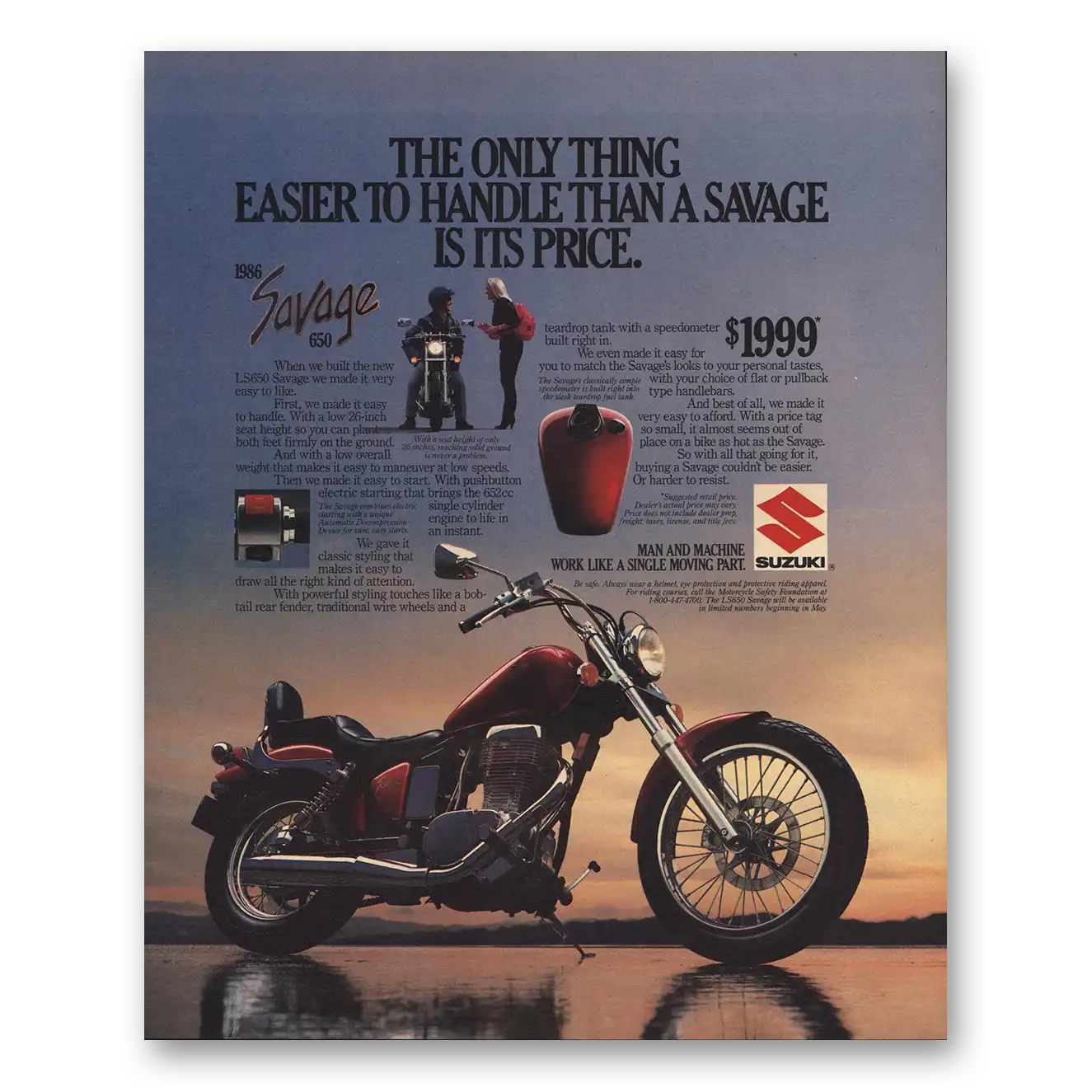 1986 Suzuki Motorcycles Savage Only Thing Easier to Handle Vintage Magazine Print Ad