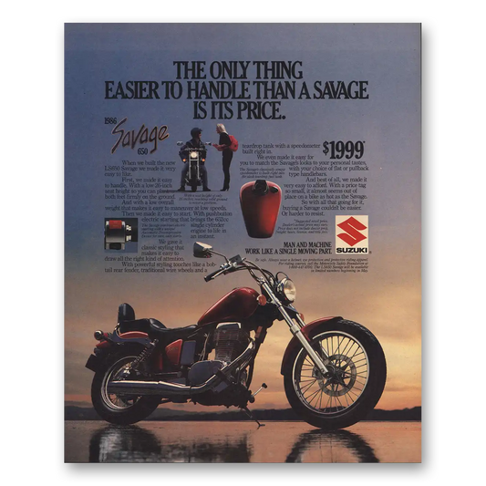 1986 Suzuki Motorcycles Savage Only Thing Easier to Handle Vintage Magazine Print Ad