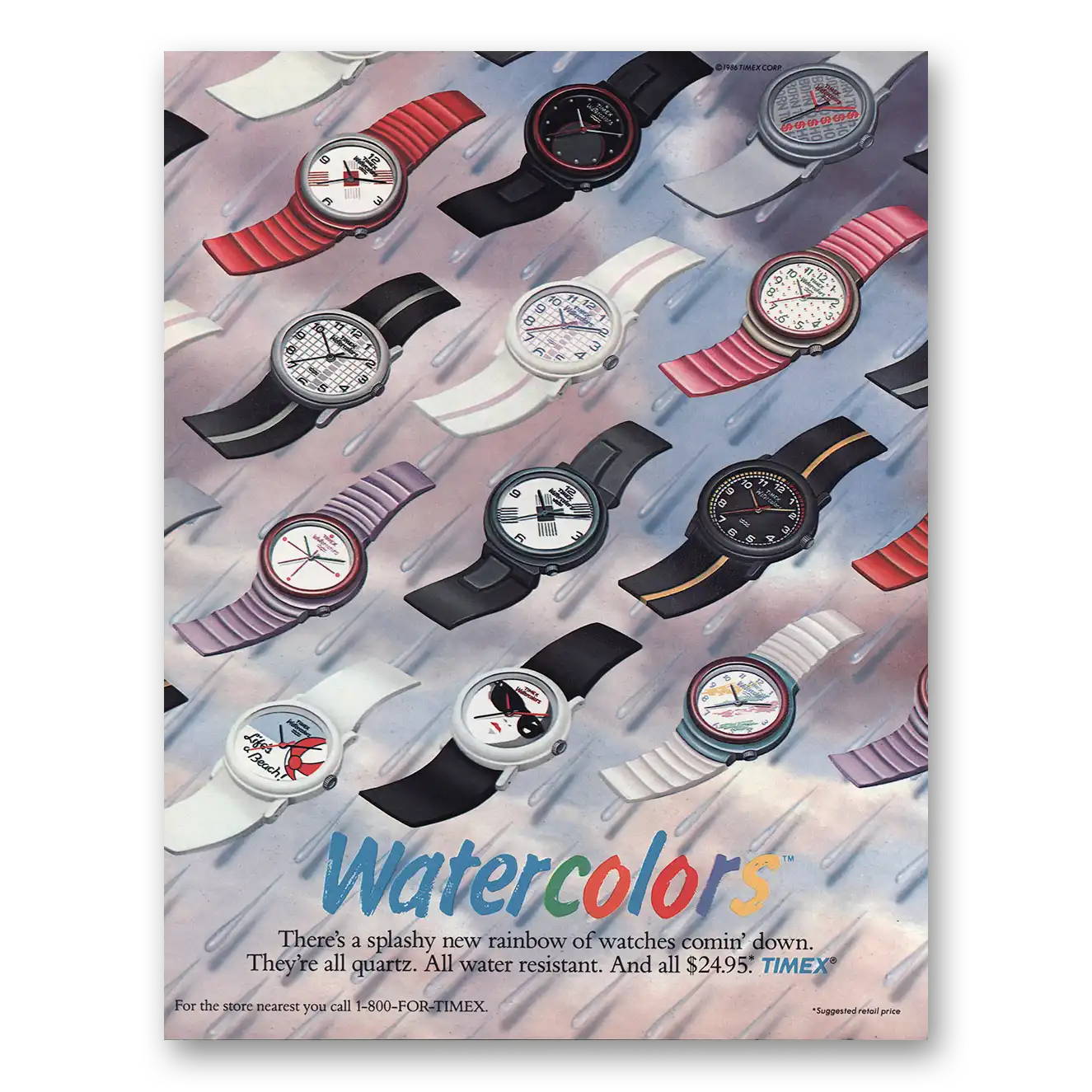 1986 Timex Watch Watercolors Splashy New Rainbow of Watches Vintage Magazine Print Ad