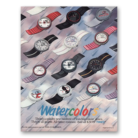 1986 Timex Watch Watercolors Splashy New Rainbow of Watches Vintage Magazine Print Ad