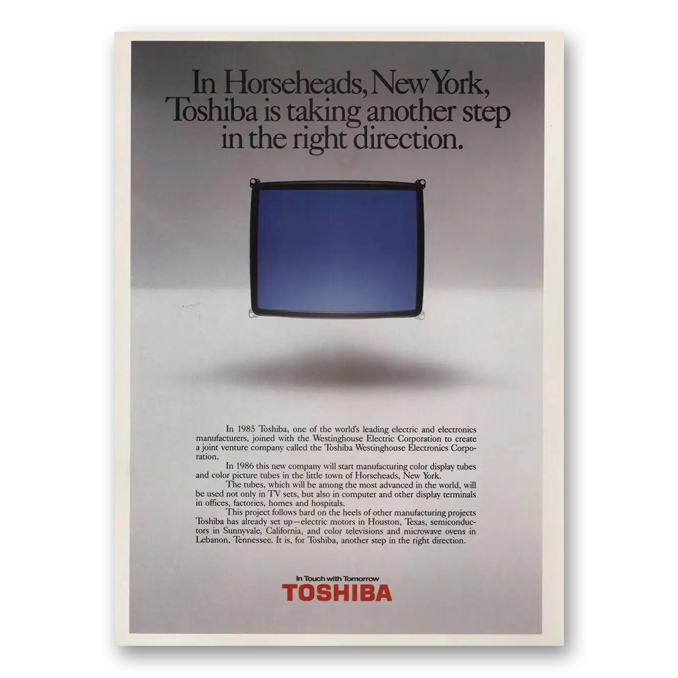 1986 Toshiba Televisions Horseheads New York Vintage Magazine Print Ad