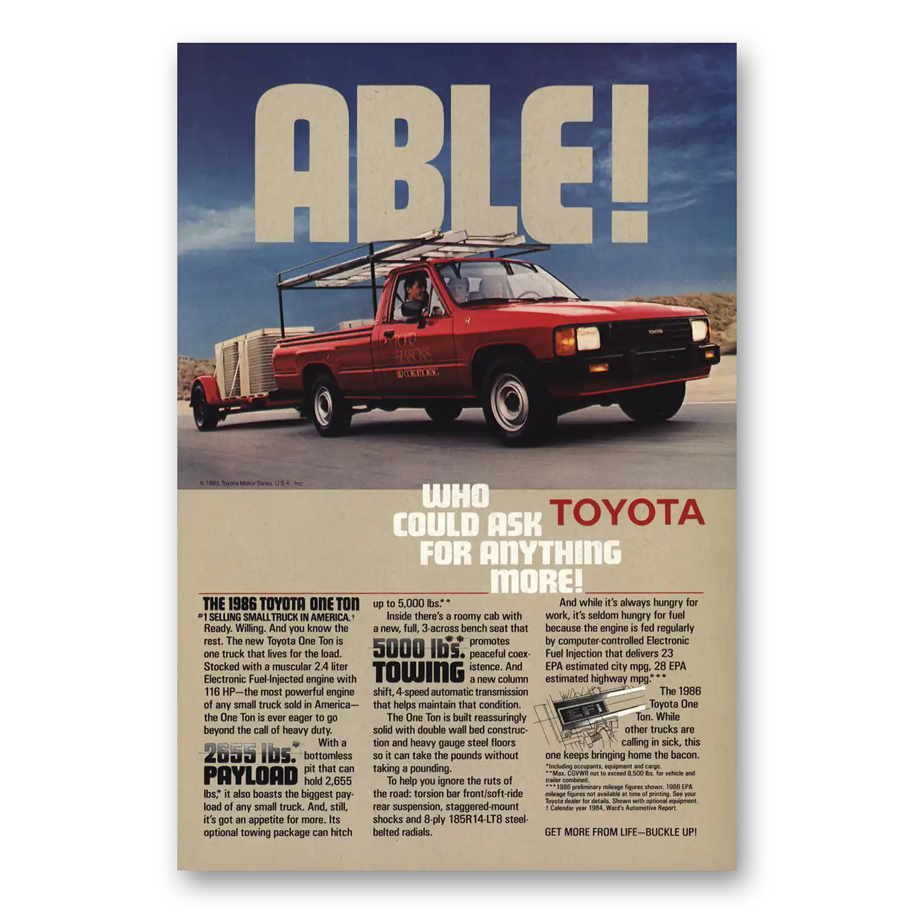 1986 Toyota Trucks One Ton Truck Ready Willing You Know the Rest Able Vintage Magazine Print Ad