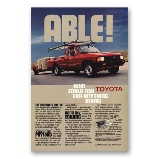 1986 Toyota Trucks One Ton Truck Ready Willing You Know the Rest Able Vintage Magazine Print Ad