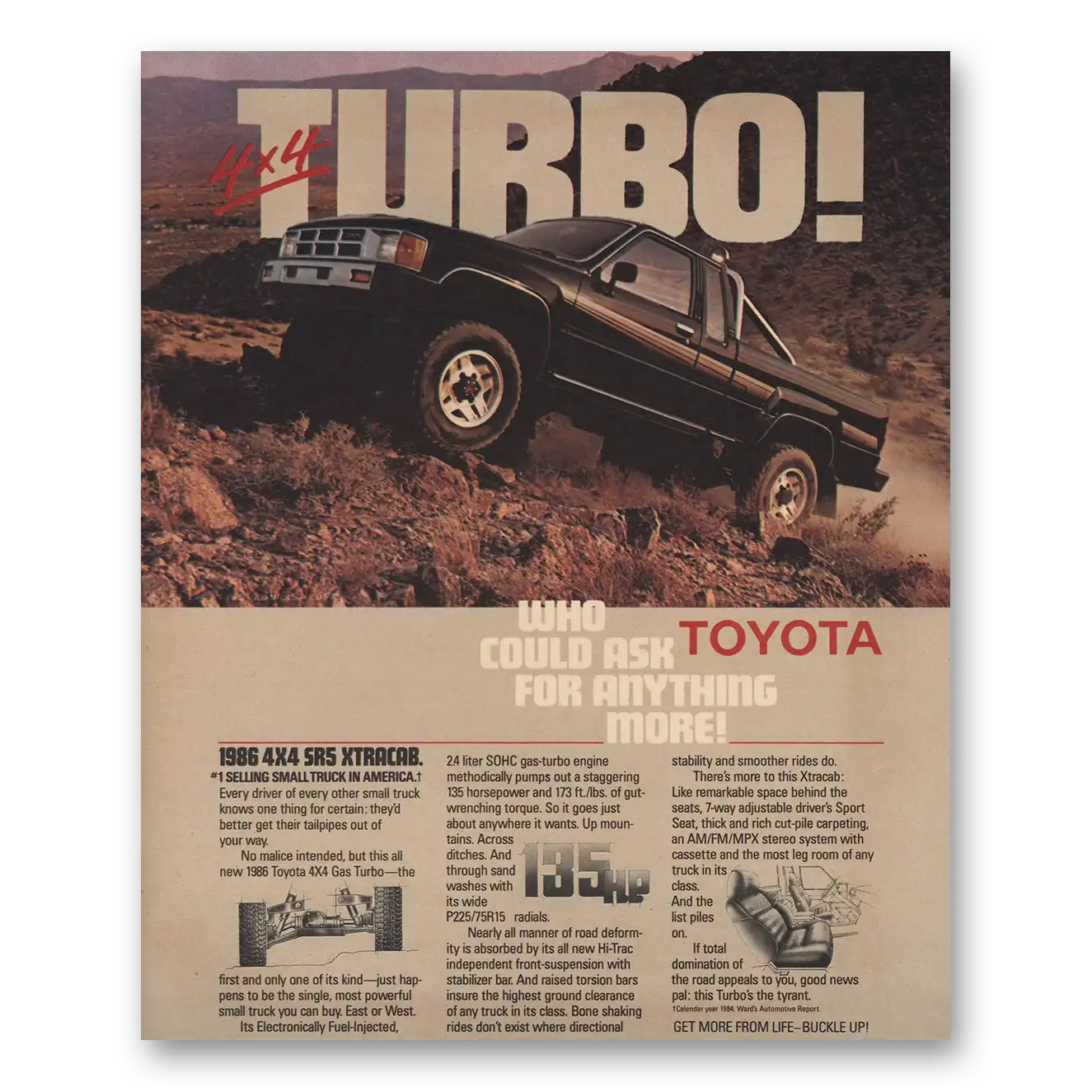 1985 Toyota Trucks Turbo Xtracab Vintage Magazine Print Ad