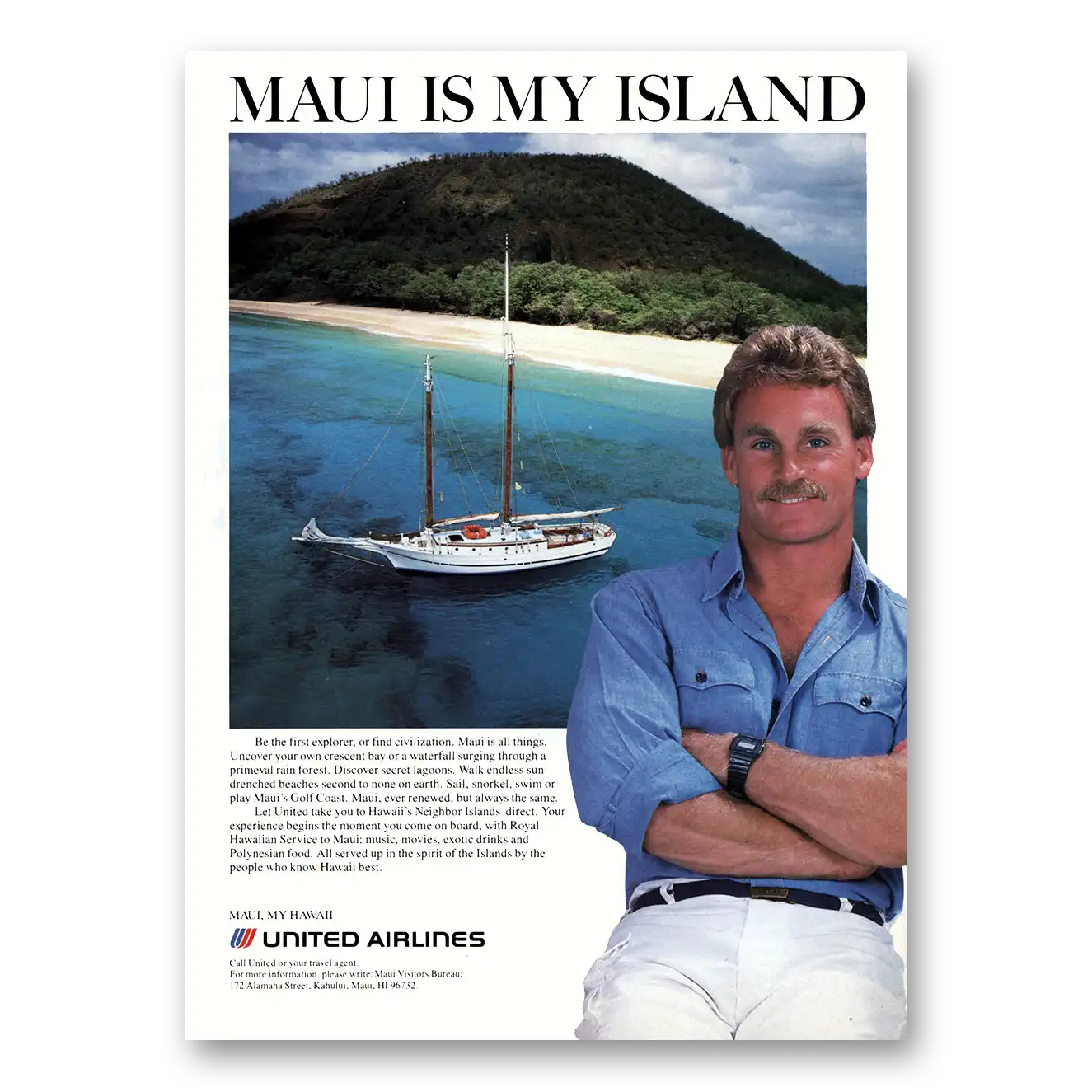 1986 United Airlines Maui Is My Island Vintage Magazine Print Ad