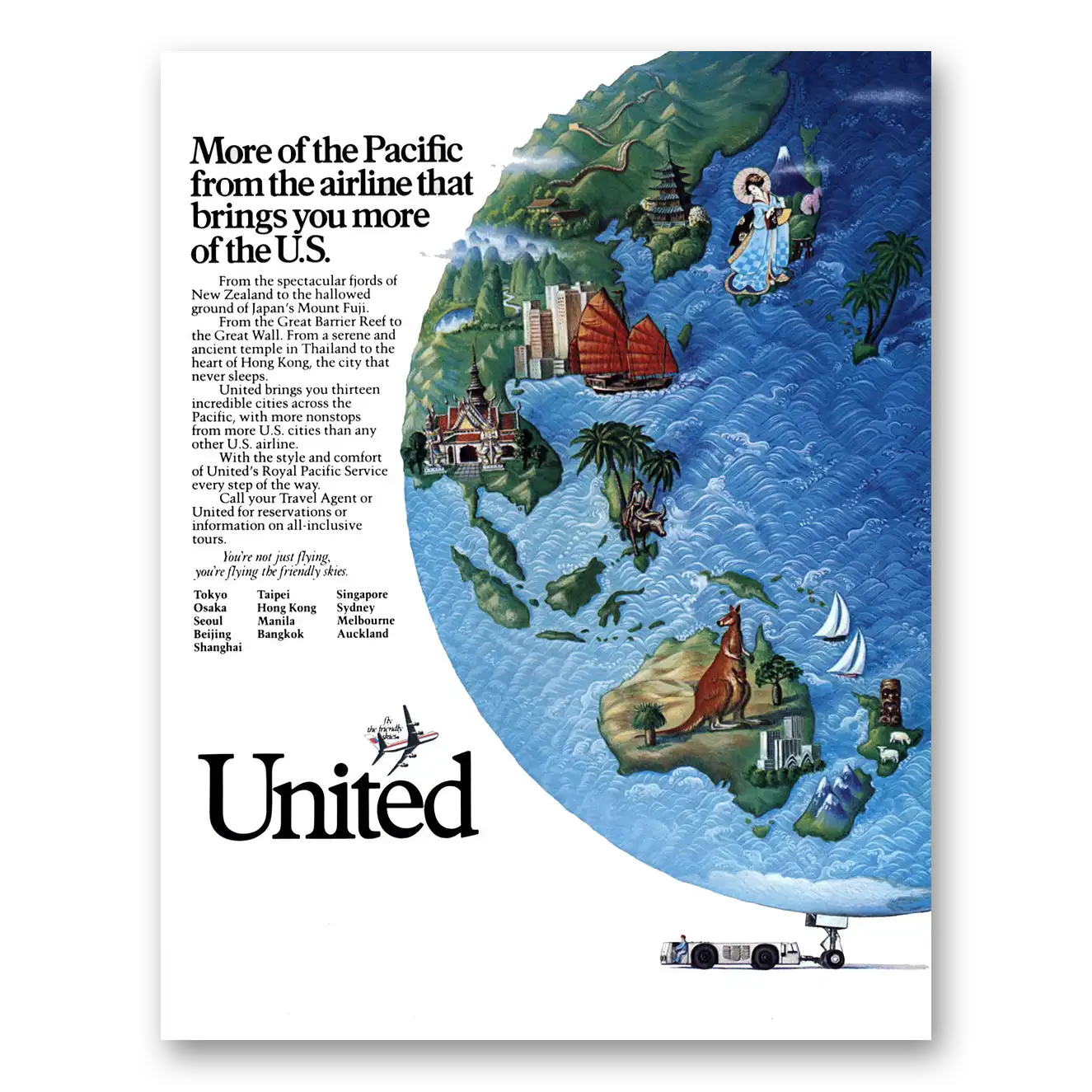 1986 United Airlines More of the Pacific Vintage Magazine Print Ad