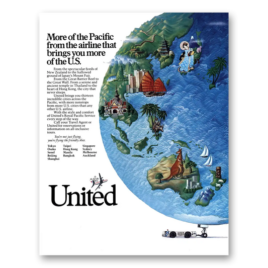 1986 United Airlines More of the Pacific Vintage Magazine Print Ad