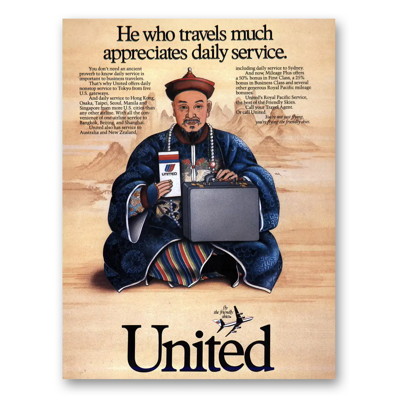 1986 United Airlines He Who Travels Much Appreciates Daily Service Vintage Magazine Print Ad