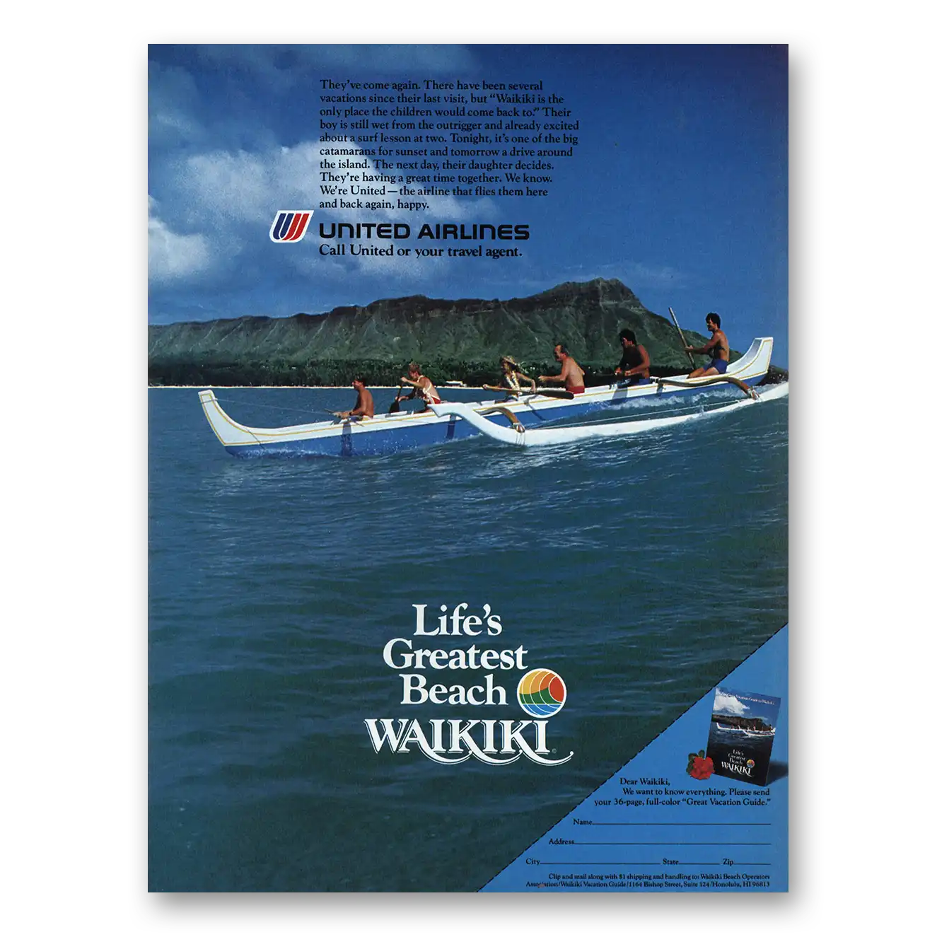 1986 United Airlines  Greatest Beach Waikiki Vintage Magazine Print Ad