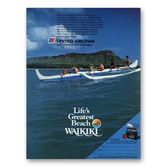 1986 United Airlines  Greatest Beach Waikiki Vintage Magazine Print Ad