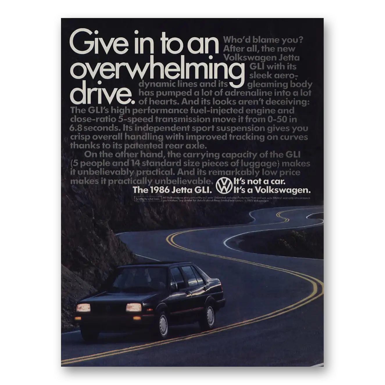 1986 Volkswagen Jetta Give In to Overwhelming Drive Vintage Magazine Print Ad