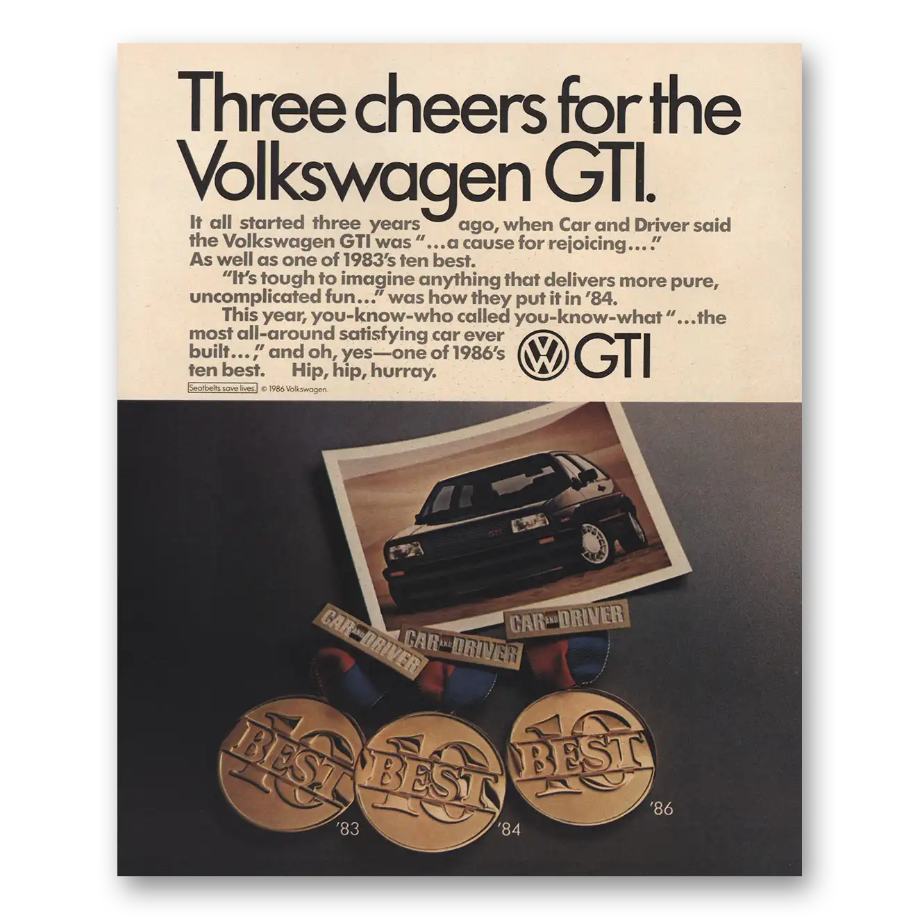 1986 Volkswagen GTI Three Cheers Vintage Magazine Print Ad