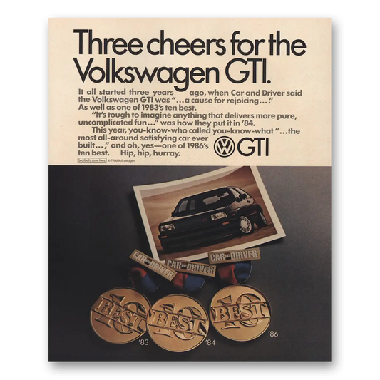 1986 Volkswagen GTI Three Cheers Vintage Magazine Print Ad