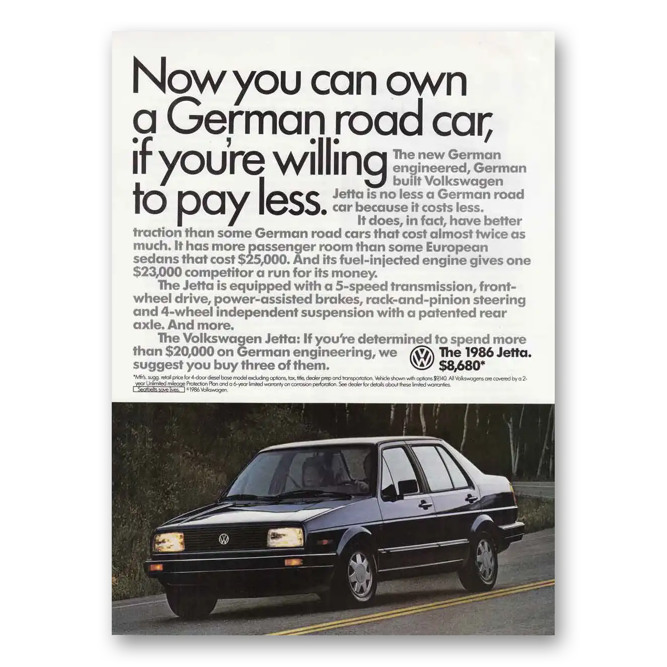 1986 Volkswagen Jetta German Road Car Vintage Magazine Print Ad