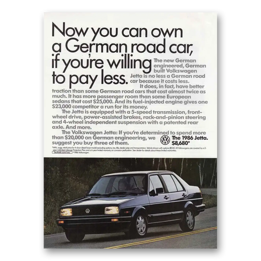 1986 Volkswagen Jetta German Road Car Vintage Magazine Print Ad