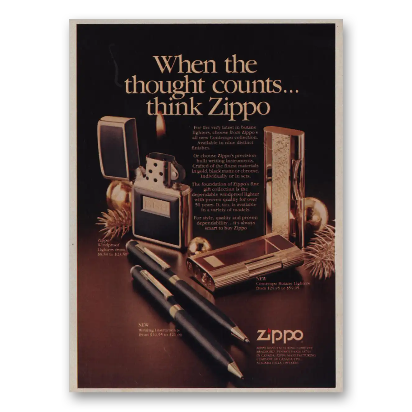 1986 Zippo Lighter When the Thought Counts Vintage Magazine Print Ad