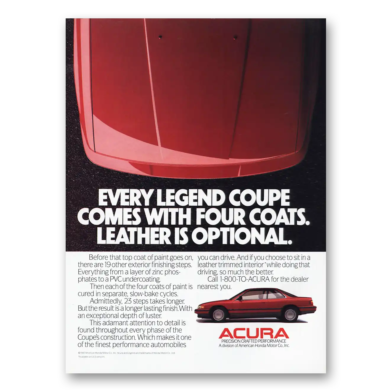 1987 Acura Every Legend Coupe Comes With Four Coats Vintage Magazine Print Ad