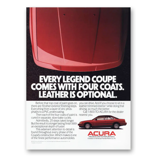 1987 Acura Every Legend Coupe Comes With Four Coats Vintage Magazine Print Ad