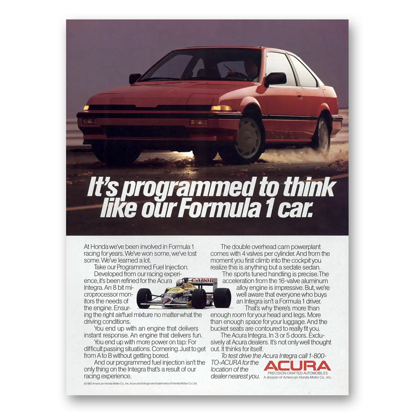 1987 Acura Programmed to Think Formula 1 Vintage Magazine Print Ad