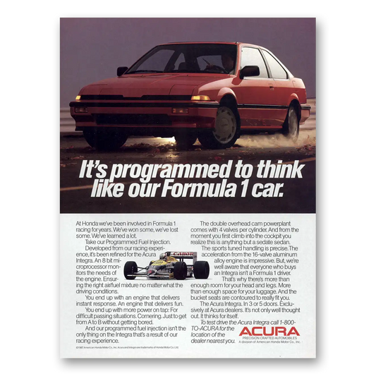 1987 Acura Programmed to Think Formula 1 Vintage Magazine Print Ad