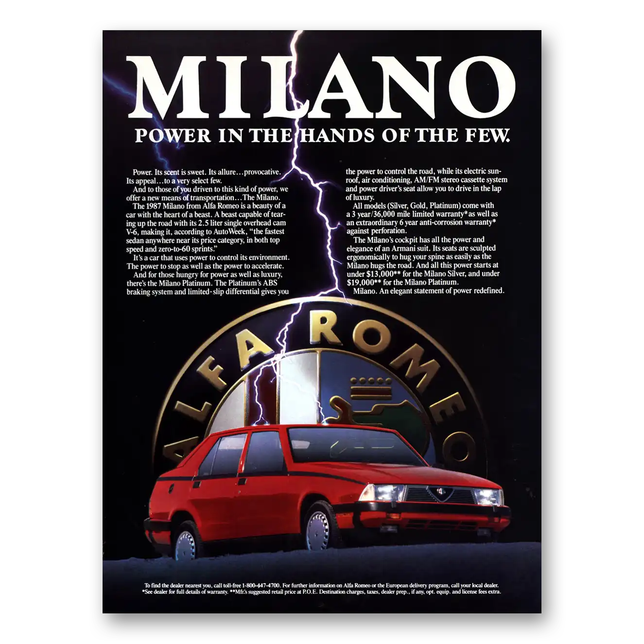 1986 Alfa Romeo Milano Power In the Hands of the Few Vintage Magazine Print Ad