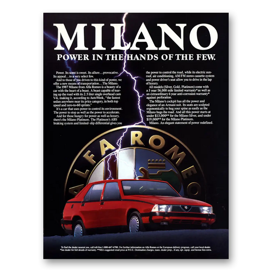 1986 Alfa Romeo Milano Power In the Hands of the Few Vintage Magazine Print Ad