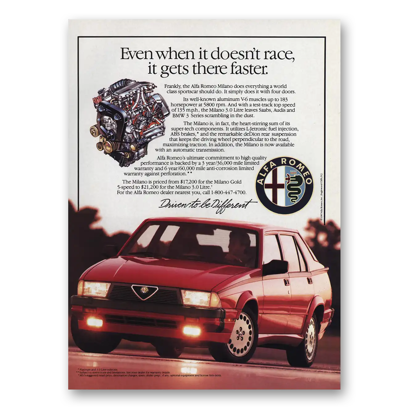 1987 Alfa Romeo Milano Even When It Doesnt Race Vintage Magazine Print Ad