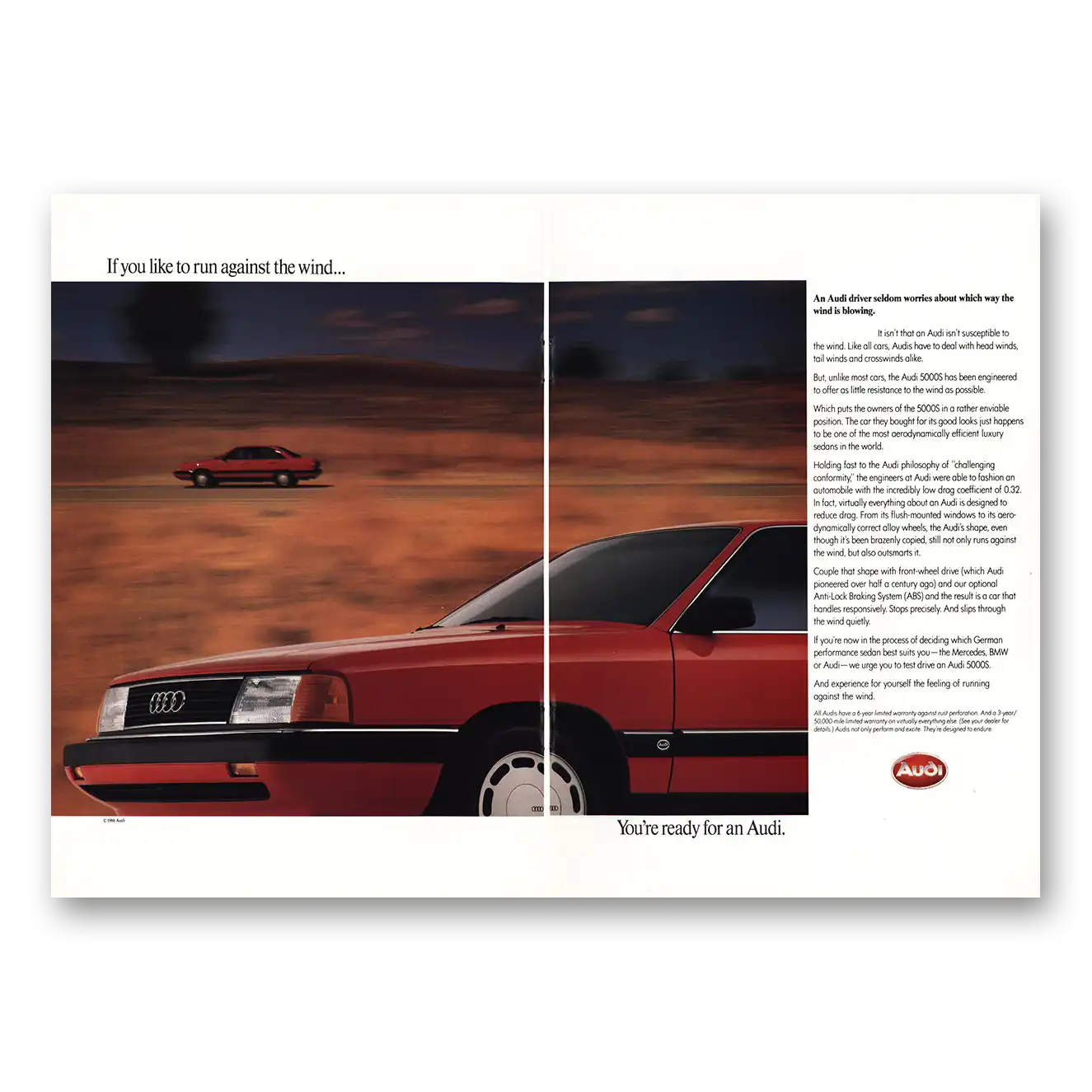 1987 Audi Run Against the Wind Vintage Magazine Print Ad