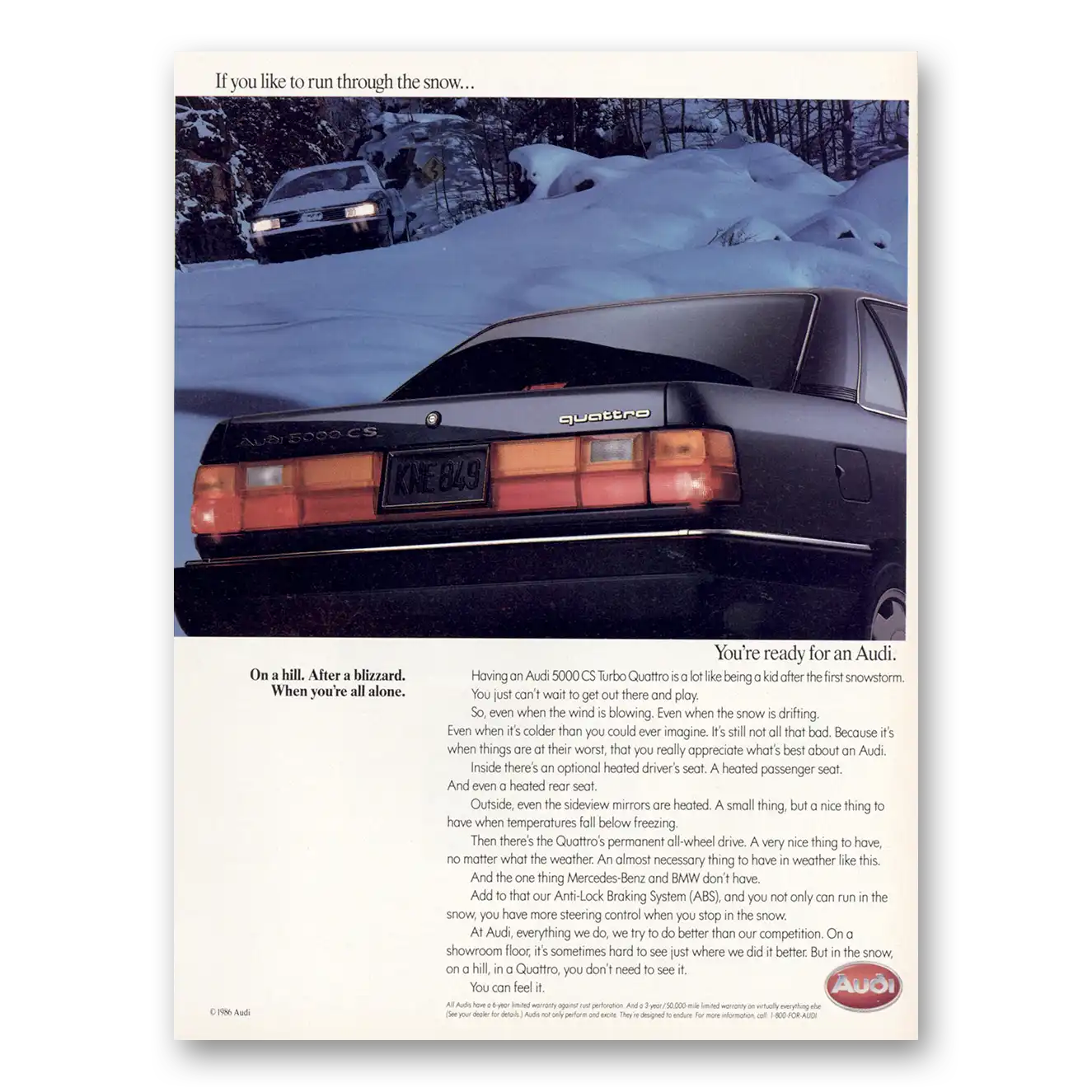 1987 Audi Quattro On a Hill After a Blizzard Vintage Magazine Print Ad