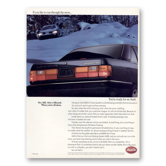 1987 Audi Quattro On a Hill After a Blizzard Vintage Magazine Print Ad