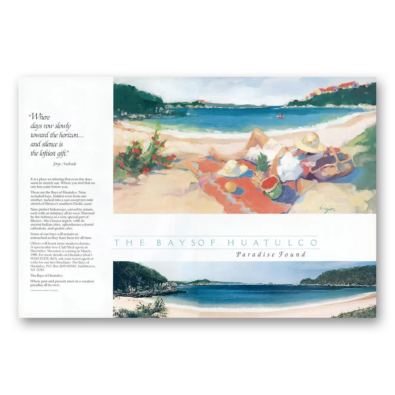 1987 Bays of Huatulco Paradise Island Where Days Row Slowly Vintage Magazine Print Ad