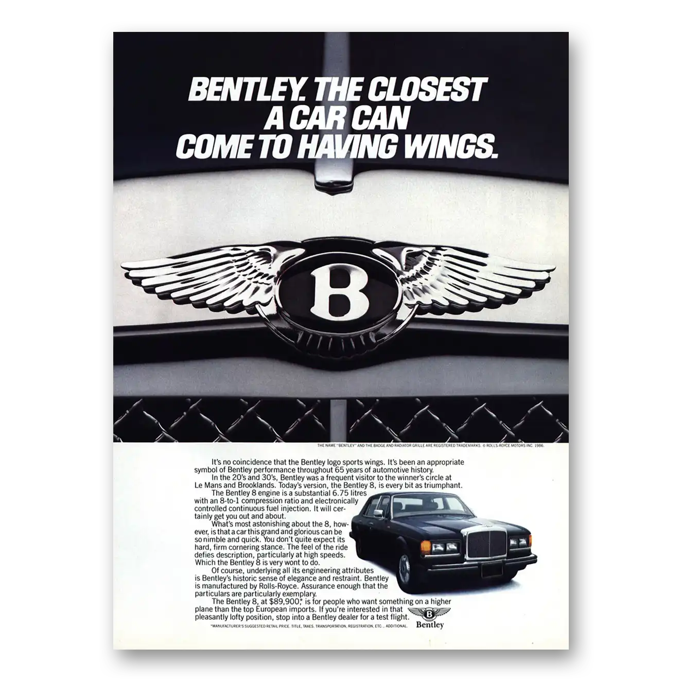 1987 Bentley 8 Closest Car To Having Wings Vintage Magazine Print Ad