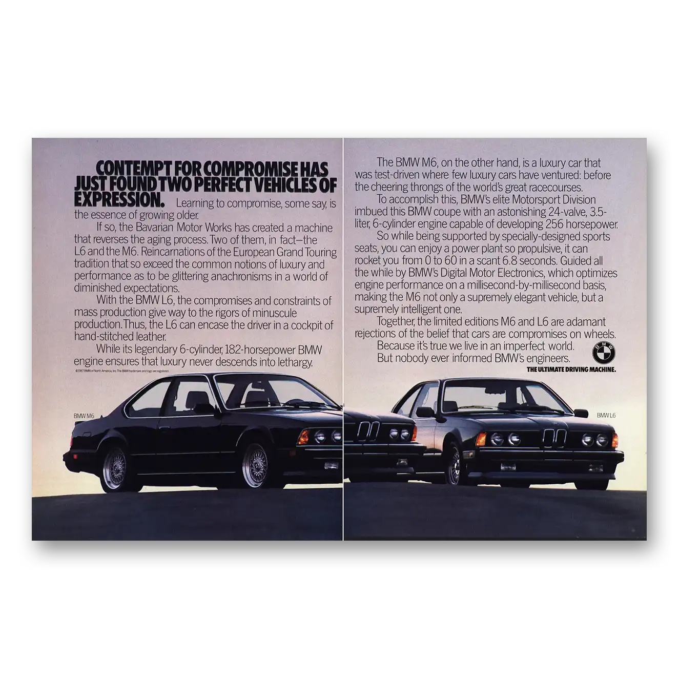 1987 BMW M6 Contempt for Compromise Vintage Magazine Print Ad