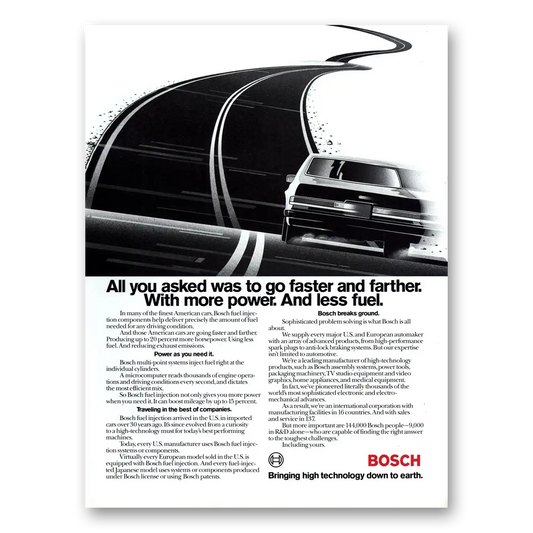 1986 Bosch Car Stereos Go Faster and Further Vintage Magazine Print Ad