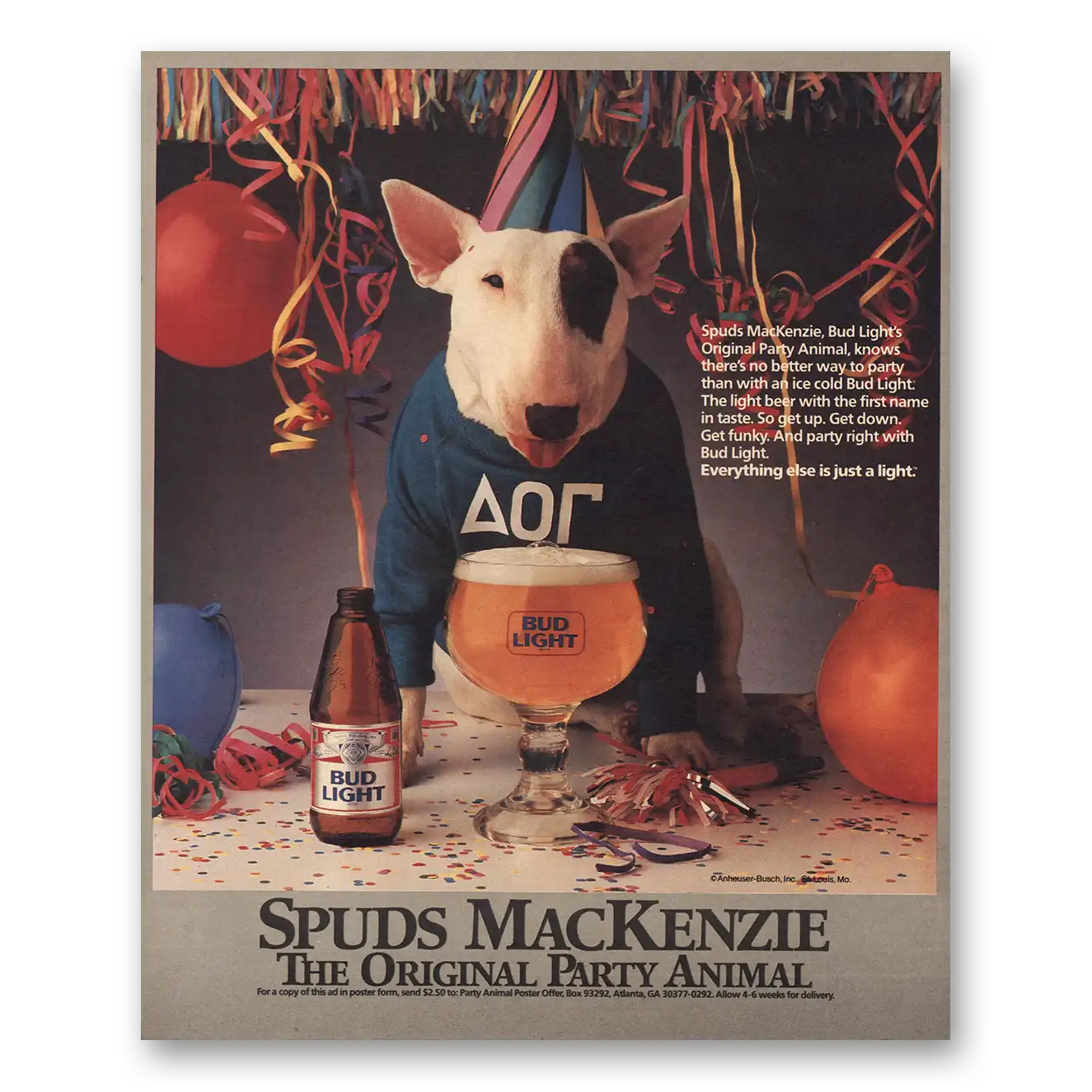 1987 Budweiser Beer Bud Light Spuds MacKenzie Party Animal Vintage Magazine Print Ad