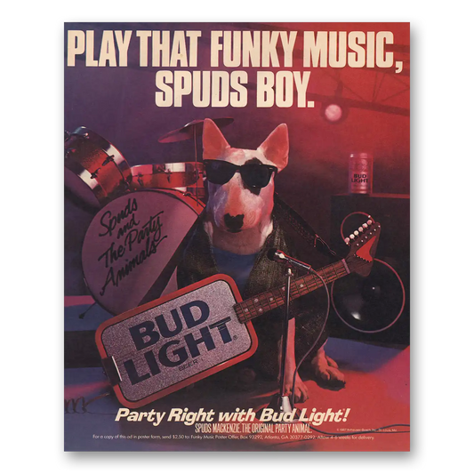 1987 Budweiser Beer Play That Funky Music Spuds Boy Vintage Magazine Print Ad